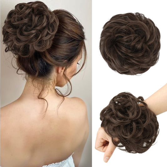 FESHFEN Messy Bun Hair Piece - Large Wavy Curly Elastic Hair Bun Scrunchies Ponytail Extensions Synthetic Chignon Hairpieces for Women, Medium Chestnut Brown 1.94oz