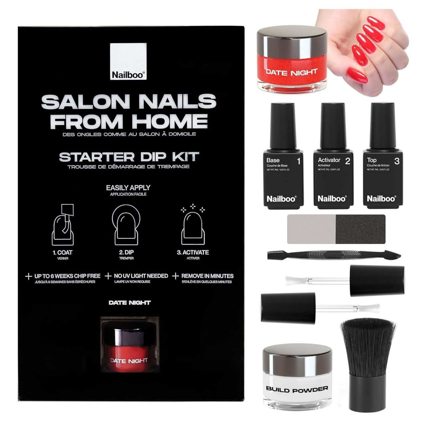 Nailboo Date Night Premium Dip Nails Starter Kit, Nail Powder Dip Kit for DIY At Home Manicure, Includes Dipping Powder and Liquids, Red
