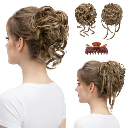 SARLA 2PCS Messy Bun Hair Pieces for Women Detachable Claw Clip Wavy Curly Synthetic Hairpieces for Updos with Tendrils Fake Scrunchies Ponytail Extension Brunette/Ash Blonde