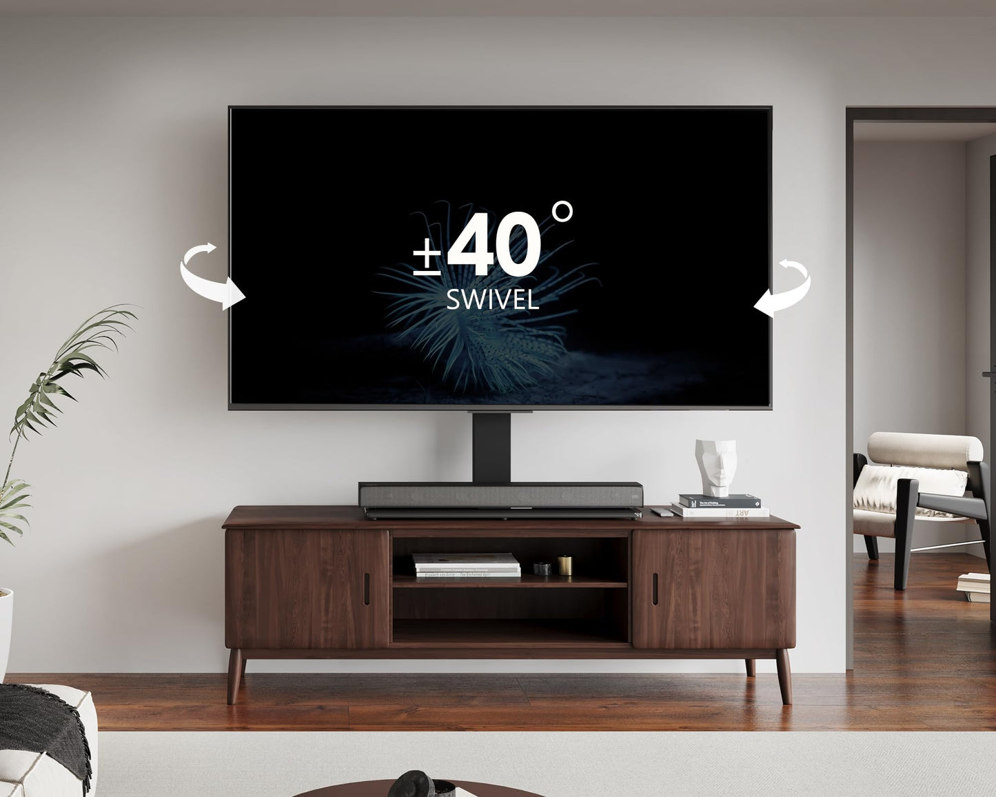 FITUEYES Universal TV Stand with Swivel Mount for 50-85 inch Flat Screens - Height Adjustable Tempered Glass Base Holds up to 143 lbs