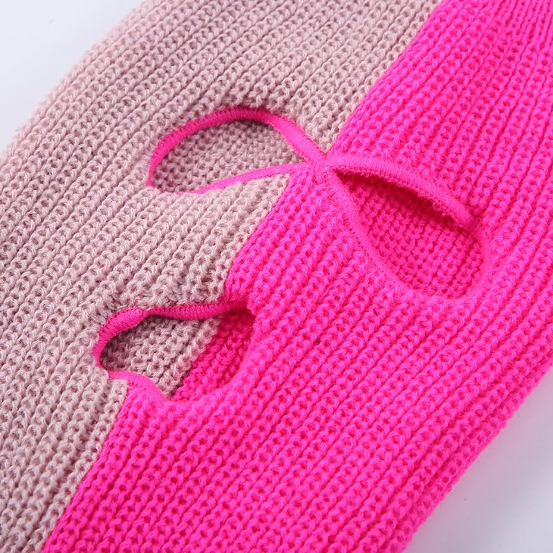 aoozleny 3-Hole Two Color Knitted Hat Ski Mask Balaclava, Full Face Mask for Cycling/Skiing Winter Outdoor Sports (Pink+Rosered)