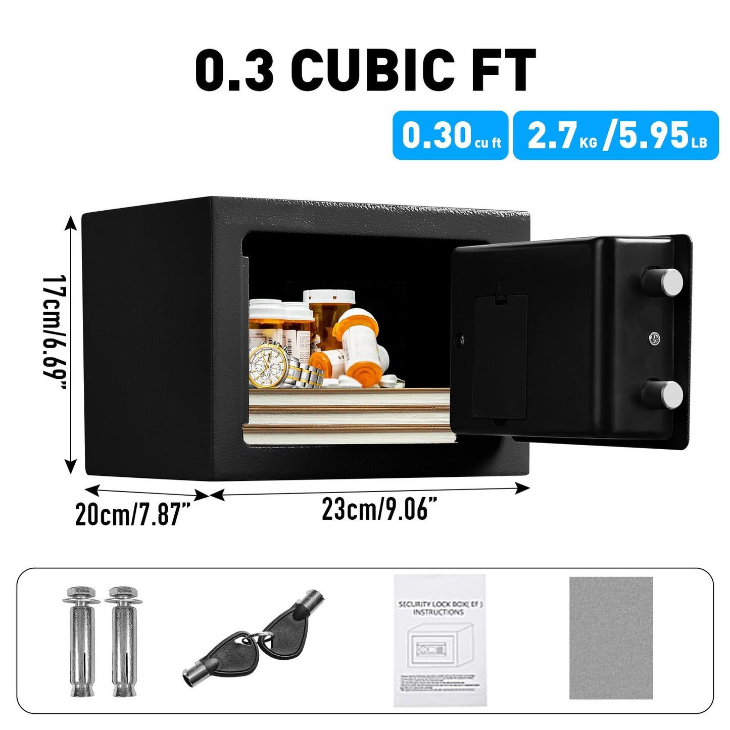 TOTOY Small Personal Safe Box 0.5 Cu Ft- Electronic Digital Security Safe Steel Construction Hidden with Key Lock, Wall or Cabinet Safety Box for Home Office Hotel Business Jewelry Gun Cash Money