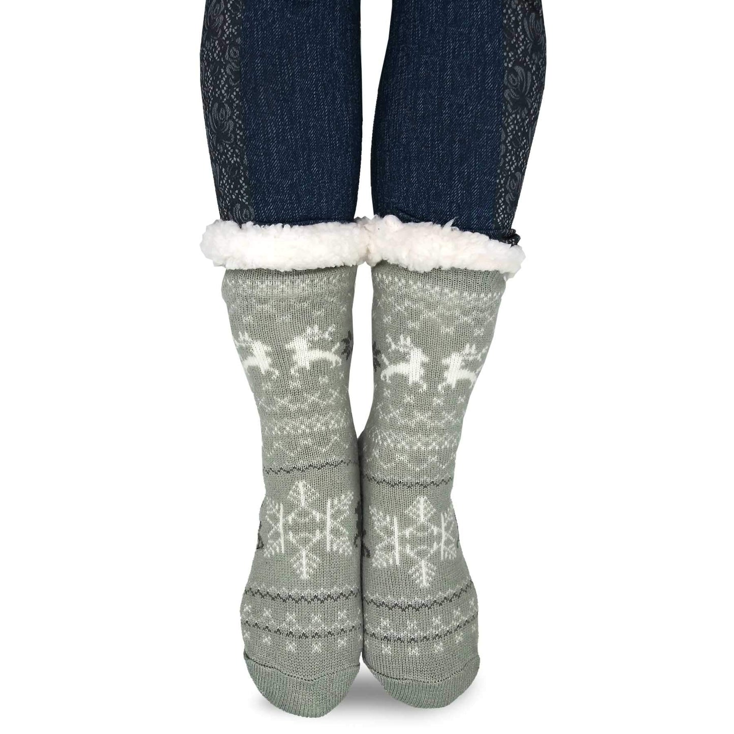 Thick Winter Warm Heat Double Layer Thermal Crew Women's Socks 3 Pairs Deer Snowflake Pattern Pink Blue Grey 9-11 Non-Slip Bottoms