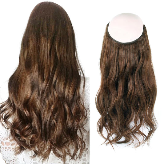 Sassina Invisible Wire Hair Extensions Real Human Hair with Transparent Wire Adjustable Size Secure Clips Natural Straight Secret Miracle Hairpiece, #4 Medium Brown 70 Gram 12 Inch