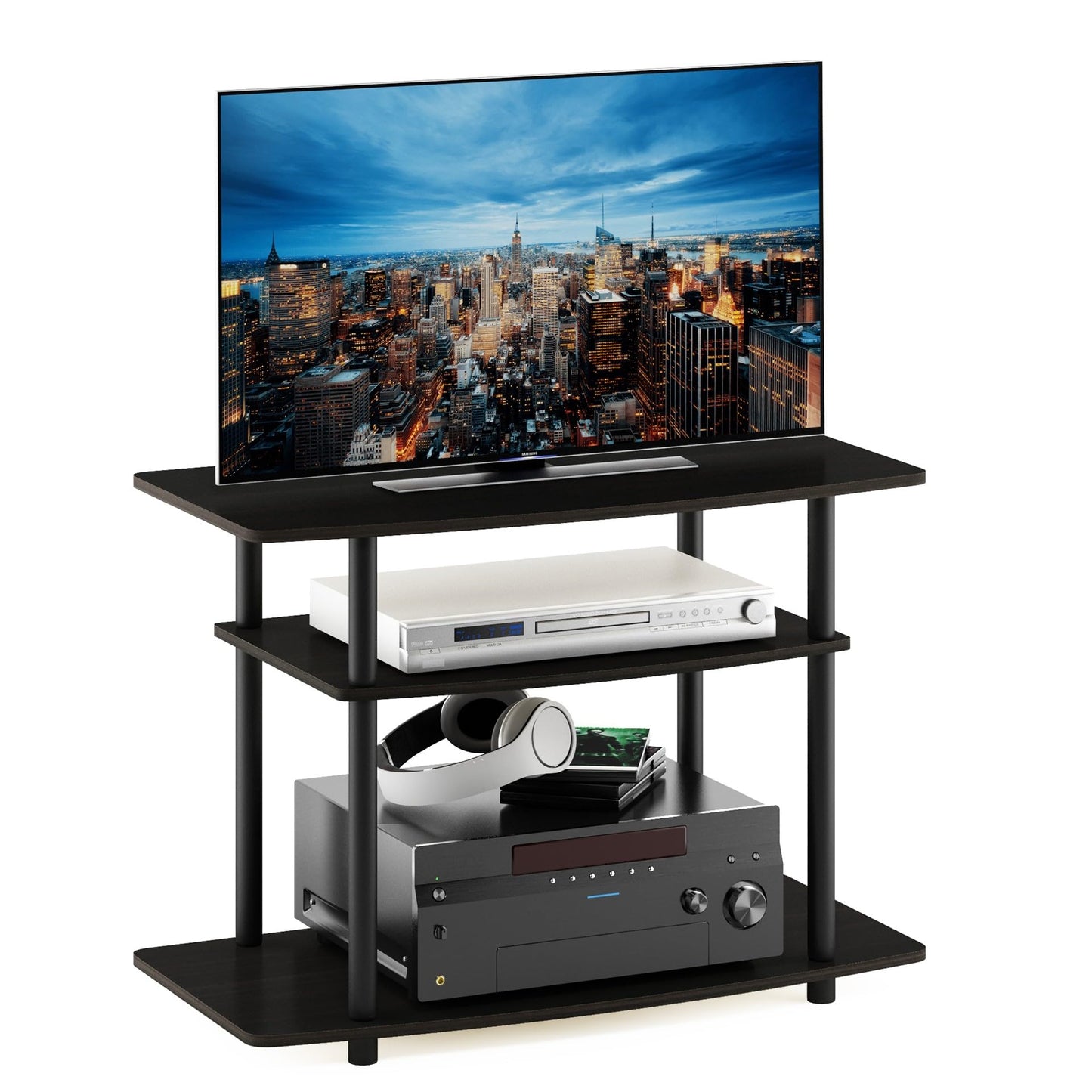 Furinno Turn-N-Tube No Tools 3-Tier Entertainment Center TV Stand for TV up to 32 Inch, Plastic Round Tubes, Espresso/black