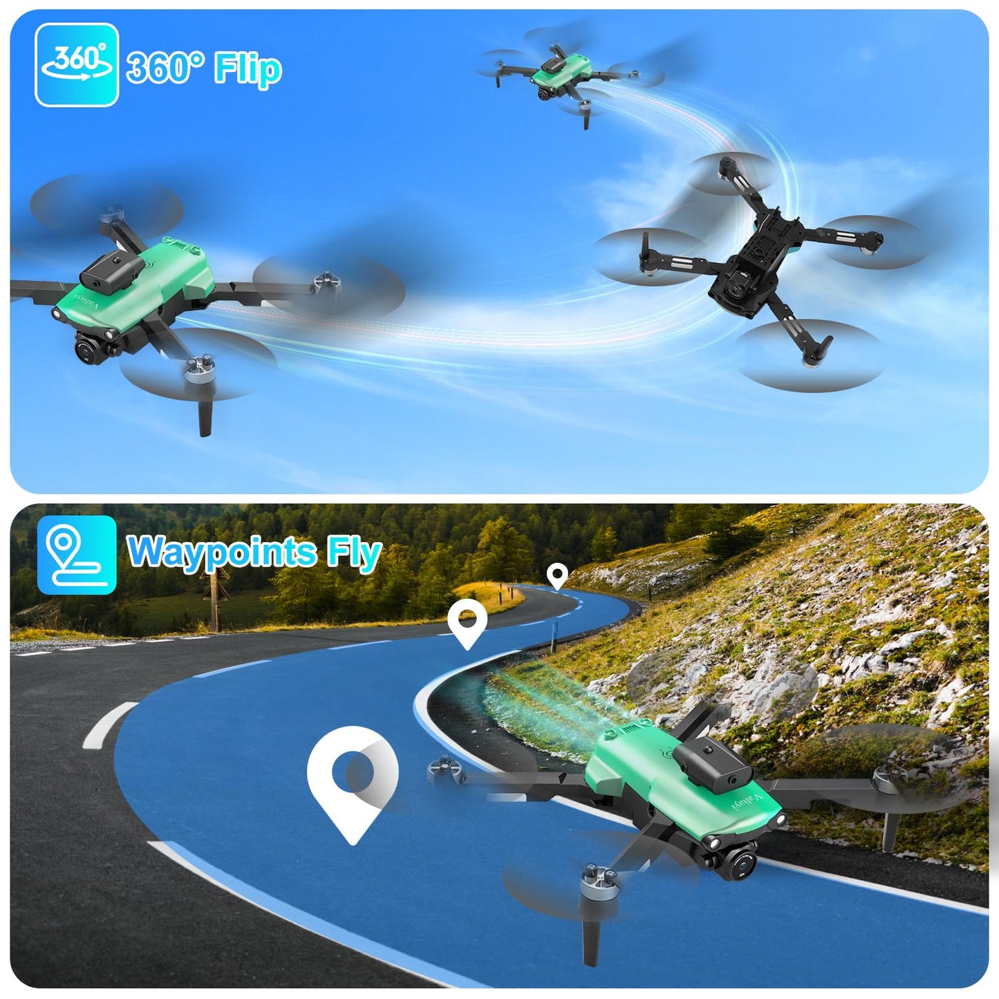 Drone with Camera for Adults,Mini Drone with Brushless Motor,2 Batteries,One Key Take Off/Land,360 Flips, Waypoint Fly, Altitude Hold,Foldable Drones for Beginners (Green, 1)