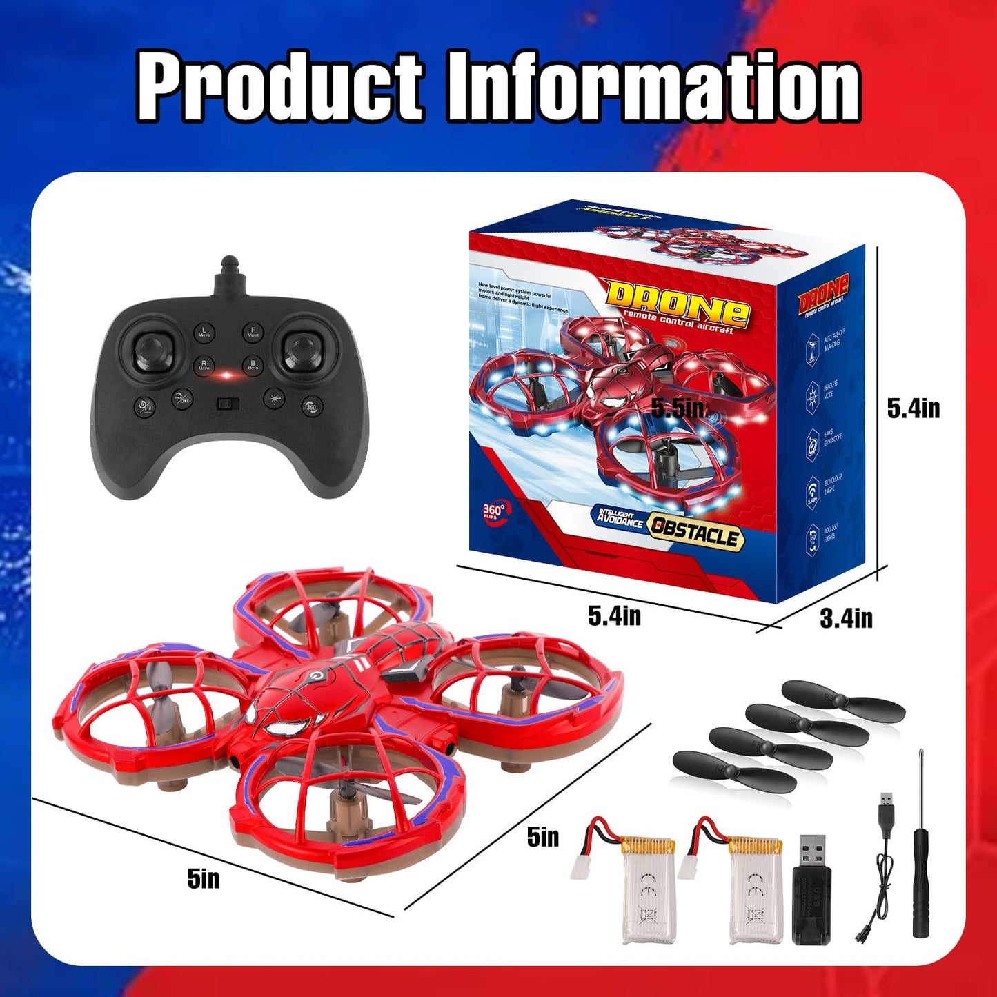 Aooess Drones for Kids 8-12: Spider Toy Stunt Drone With 5D Obstacle Avoidance, 3D Flip, Auto Hovering Indoor Drone, 2 Battery Kids RC Quadcopter With Led Lights RC Helicopter for Adults Kid