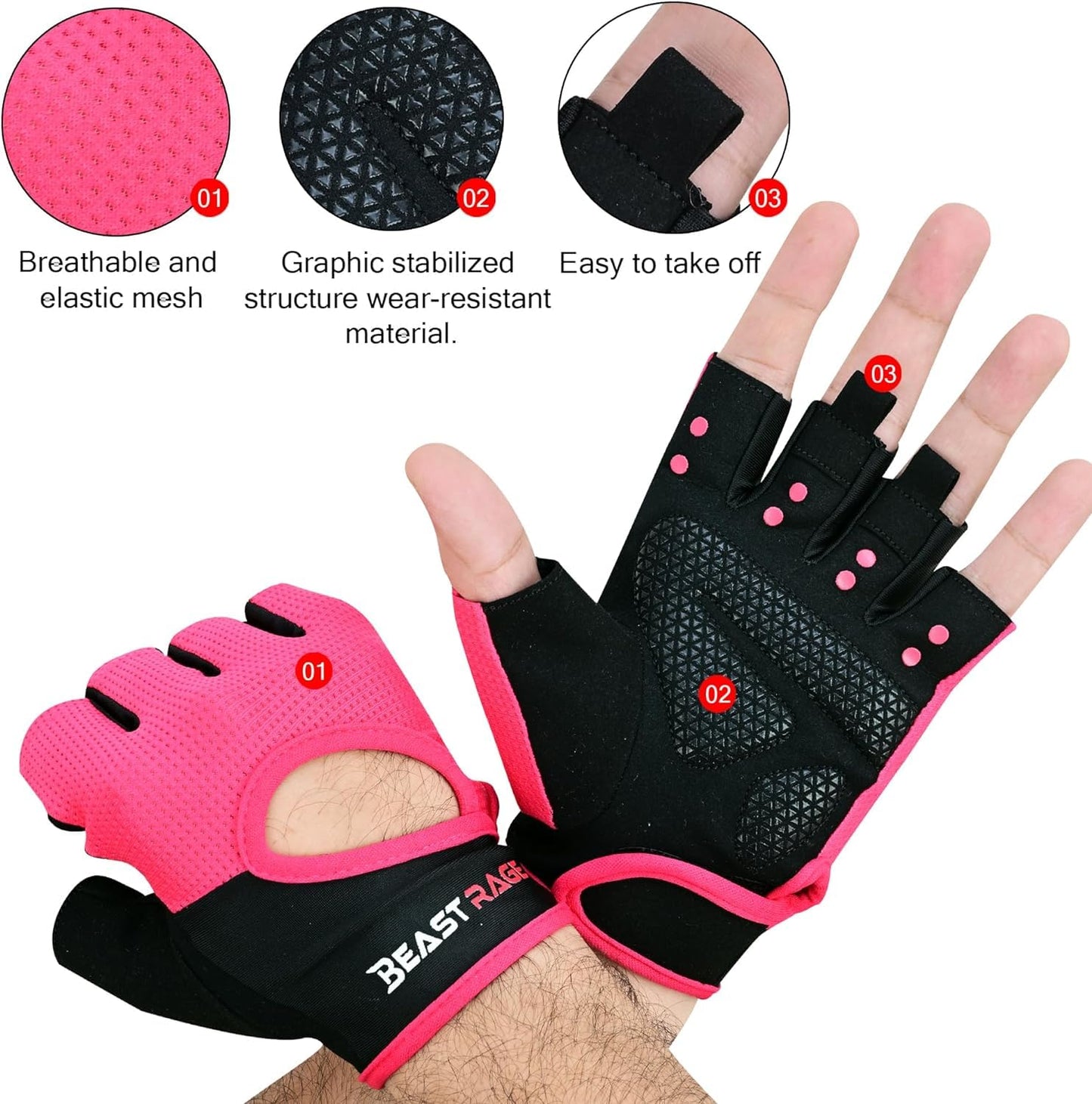 BEAST RAGE Workout Gloves for Men Gym Gloves for Weightlifting Women Fingerless with Palm Protection Padding, Breathable and Lightweight Weight Lifting Gloves Cycling Pull Up (Magenta, S)