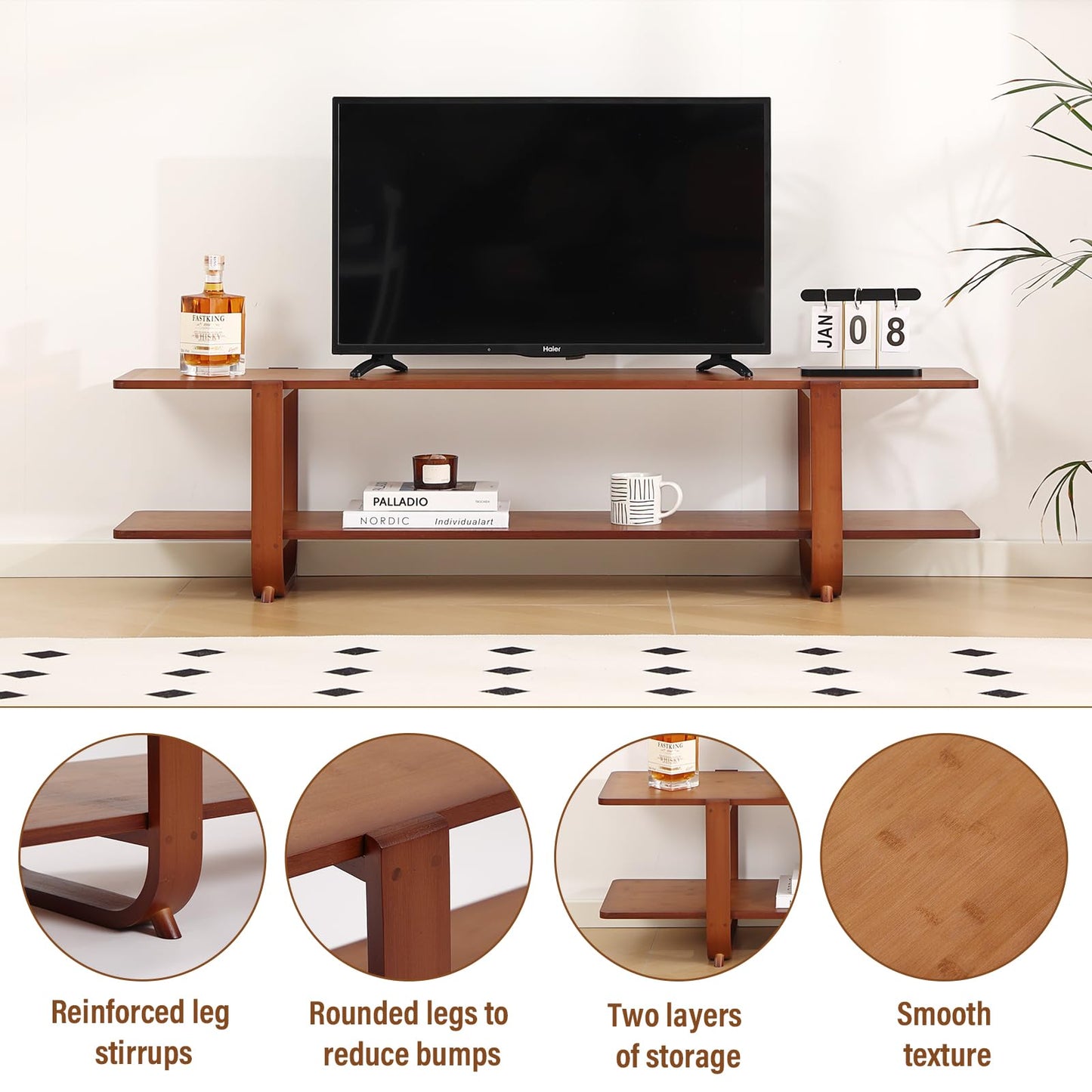 Tiita TV Stand with Storage for TVs up to 65'', Bamboo TV Console Entertainment Center with 2 Open Shelf, Mid Century Modern Media Console for Living Room, Bedroom, Walnut