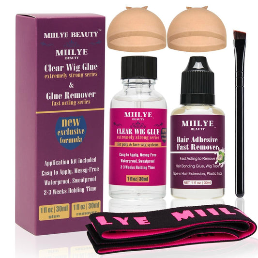 Clear Wig Bond Glue 1oz/30ml with Wig Band, Wig Caps |Swimming Allowed| Waterproof Wig Glue for Front Lace Wig Extremely Strong Hold Lace Glue for Wigs, Wig Install Kits (1oz Wig Glue+1oz Remover)
