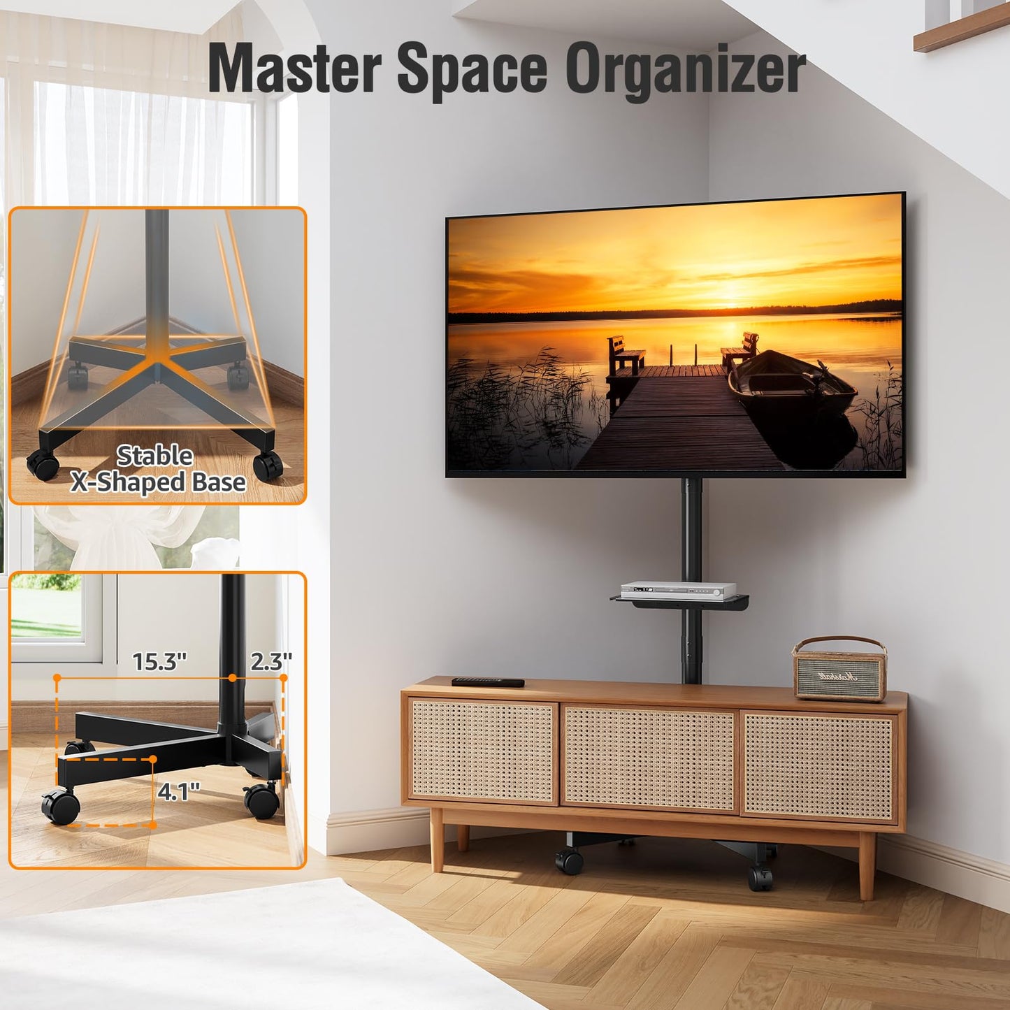 ELIVED Mobile TV Stand for 23-60 Inch Flat Screen TVs, Tilt TV Cart with Adjustable Shelf & Locking Wheels, Rolling TV Floor Stand Max VESA 400x400mm, Portable TV Stand Holds Up to 77lbs.