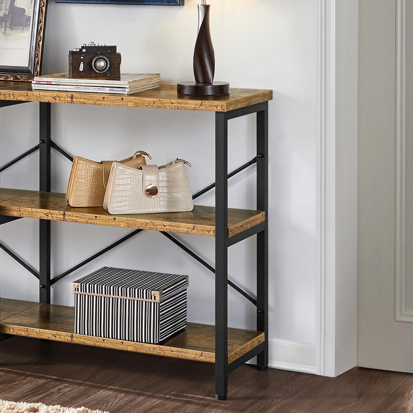 Yaheetech TV Stand for TV up to 65 Inch, 55 Inch Media Console Table with 3-Tier Storage Shelves for Living Room, Entertainment Center with Metal Frame, Rustic Brown