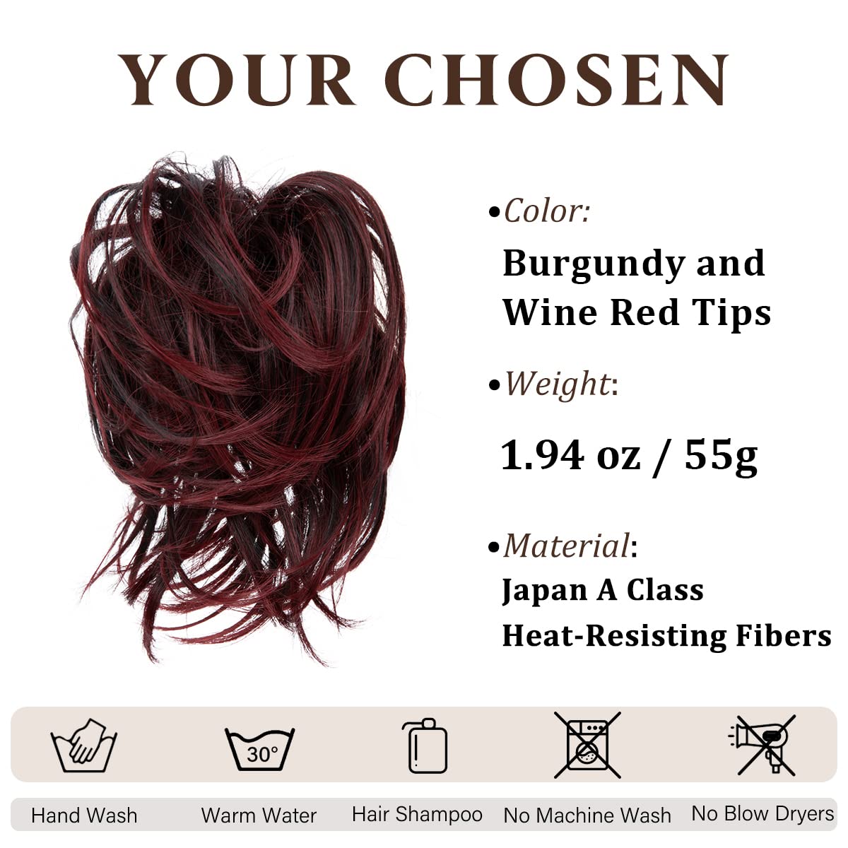 SARLA Messy Hair Bun Hair Pieces Curly Synthetic Updo Fake Scrunchies Ponytail Extension for Women Burgundy and Wine Red Tips 1PCS