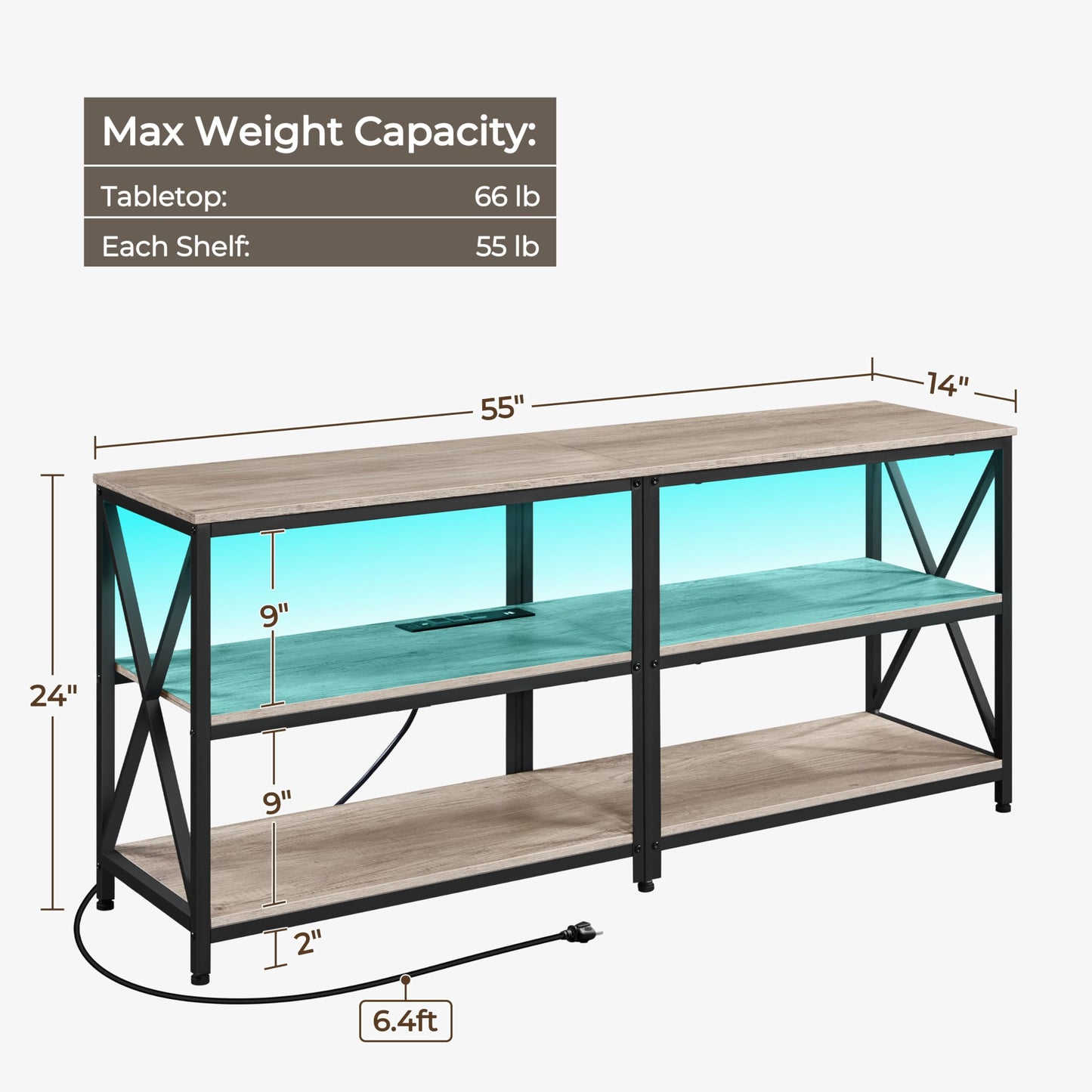 Yaheetech TV Stand with Power Outlet, Industrial Entertainment Center with LED Lights for 65 Inch TV, 3 Tiers Tv Console with Charging Station for Living Room, Media Console with Shelves, Gray