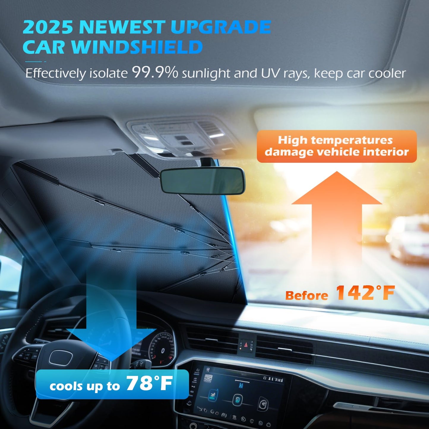 [2025 Upgrade] FLORICH Windshield Sunshade Umbrella Foldable Car Windshield Sun Shade Cover, [Nano-Ice-Crystal Coatings] Protect Interior from from UV Keep Car Cooler Large(61" L x 33" W)