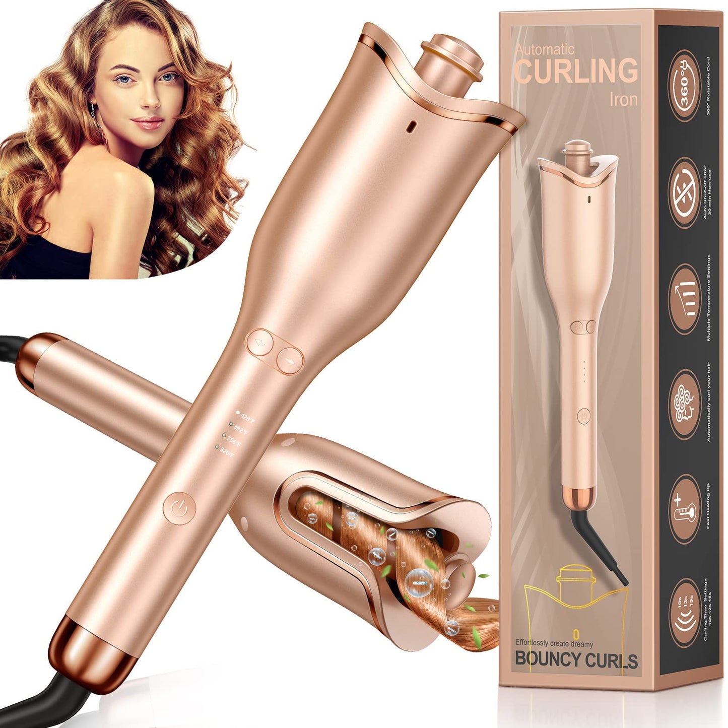 Automatic Curling Iron, Professional Automatic Hair Curler with 1" Curling Wand Large Slot & 4 Temperature & 3 Timer, Dual Voltage Anti-Tangle Rotating Curling Iron with Auto Shut-Off for Hair Styling