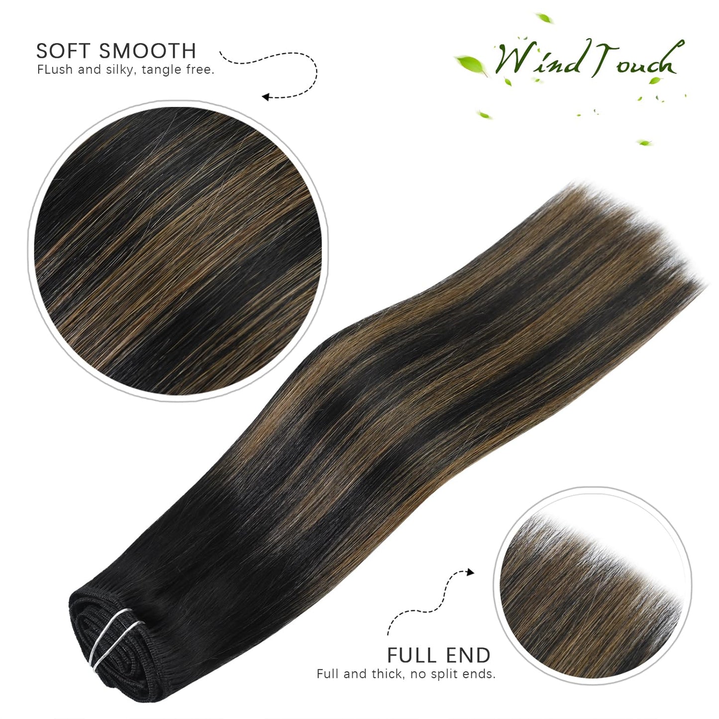 WindTouch Clip in Hair Extensions Human Hair Balayage Natural Black to Chestnut Brown Highlights for Black Hair 12Inch 75g #1BT6P1B 7PCS