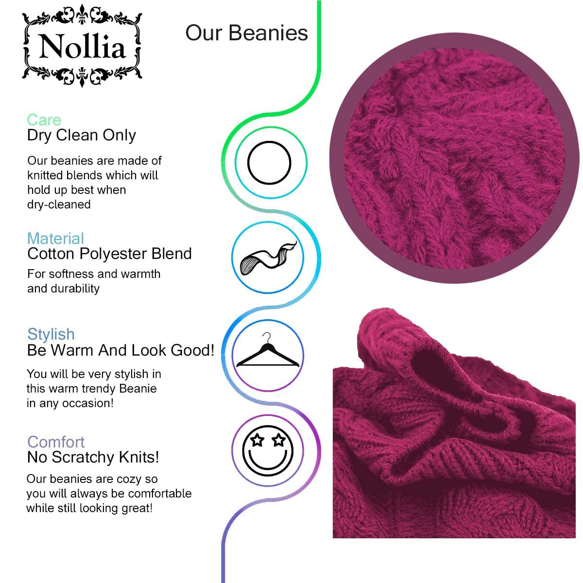 Nollia Soft Knit Solid Color Beanie, Chic, and Lightweight Crochet Knitted Style Beanie Hat for Women, One Size Slouchy Hat