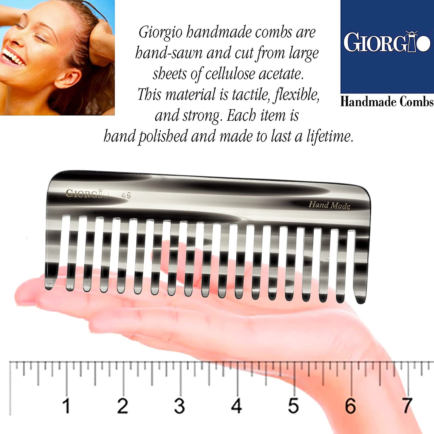 Giorgio G49 Graphite Large 5.75 Inch Hair Detangling Comb, Wide Teeth for Thick Curly Wavy Hair. Long Hair Detangler Comb For Wet and Dry. Handmade of Quality Cellulose, Saw-Cut, Hand Polished
