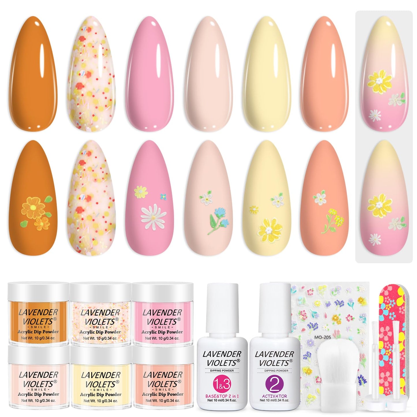 Lavender Violets 13Pcs Dip Powder Nail Kit Starter - 6 Colors Nude Pink Orange Yellow Glitter Dip Powder Liquid Set with Base & Top Coat Activator for Beginners and Professionals DIY Manicure M227