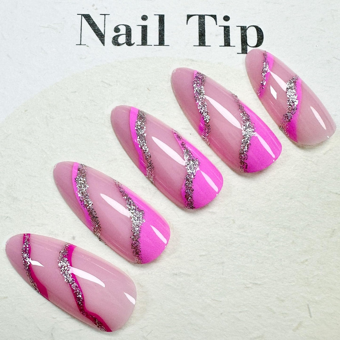 Almond Press on Nails Medium Fake Nails Pink False Nails with Design Silver Glitter Swirl Wave Acrylic Glue on Nails Glossy Artificial Stick on Nails for Women Girls Manicure Decoration 24Pcs