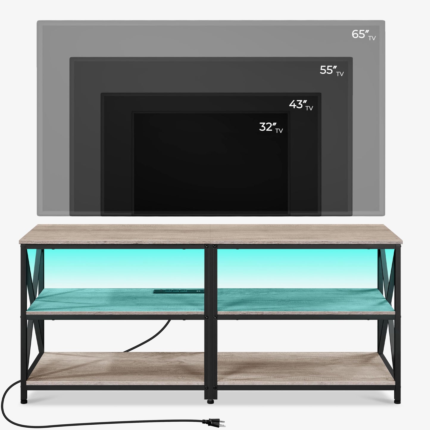 Yaheetech TV Stand with Power Outlet, Industrial Entertainment Center with LED Lights for 65 Inch TV, 3 Tiers Tv Console with Charging Station for Living Room, Media Console with Shelves, Gray