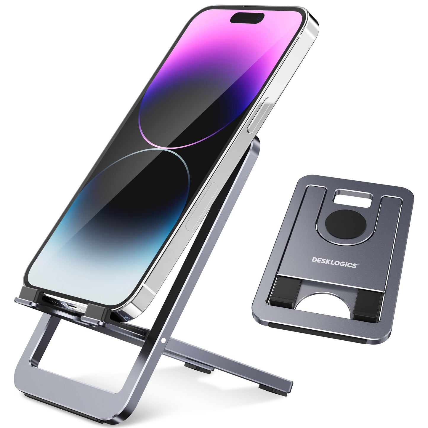 DeskLogics Portable Phone Stand for Desk, Aluminum Adjustable Cell Phone Holder, Foldable Travel Cellphone Dock Compatible with iPhone 15 14 13 Pro Max Mini, 12 11 XR 8 7 6 Plus SE (Grey)
