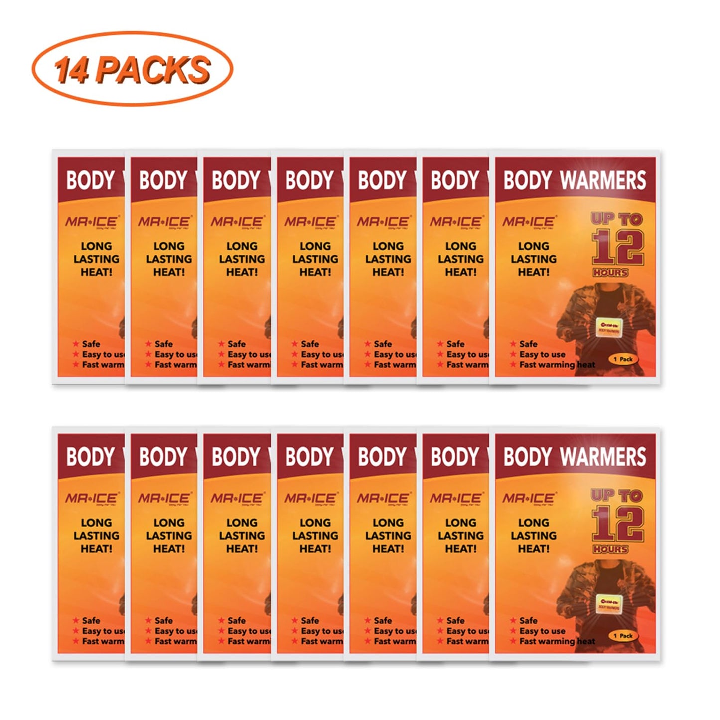 MR.ICE Body Warmers with Adhesive Backing, Body Hand Warmers Disposable Gives 12 Hours Warm (5.1"×3.7") for Women Men Kids, Extra Large Hand Warmers for Camping Hiking Fishing - 14 Packs