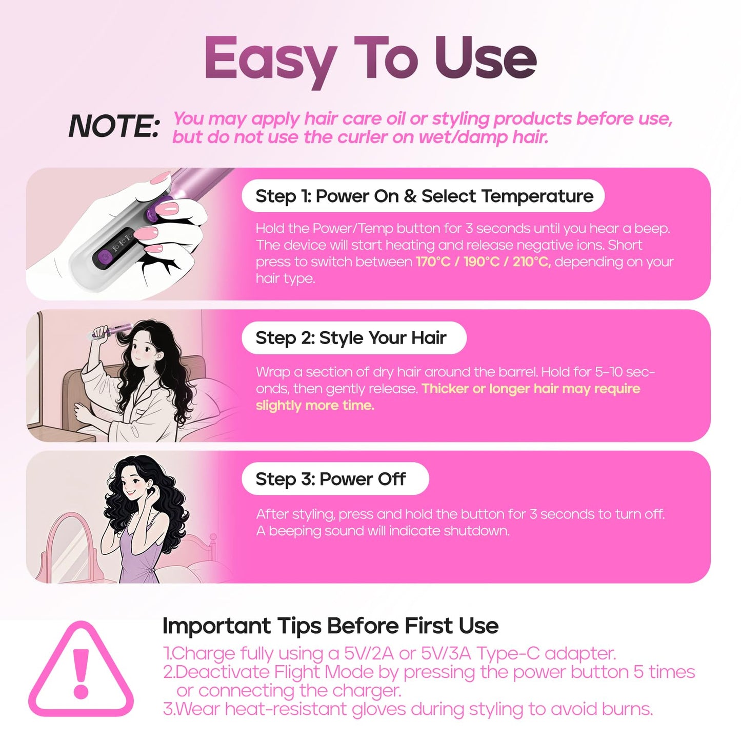 Youbella Cordless Curling Iron, 8000mAh Travel Hair Curler, Portable Heated Wand with Protective Cover & Gloves, USB Rechargeable for Big Waves, 1.35” Wireless Hair Styling Tool, Negative Ions, Gray