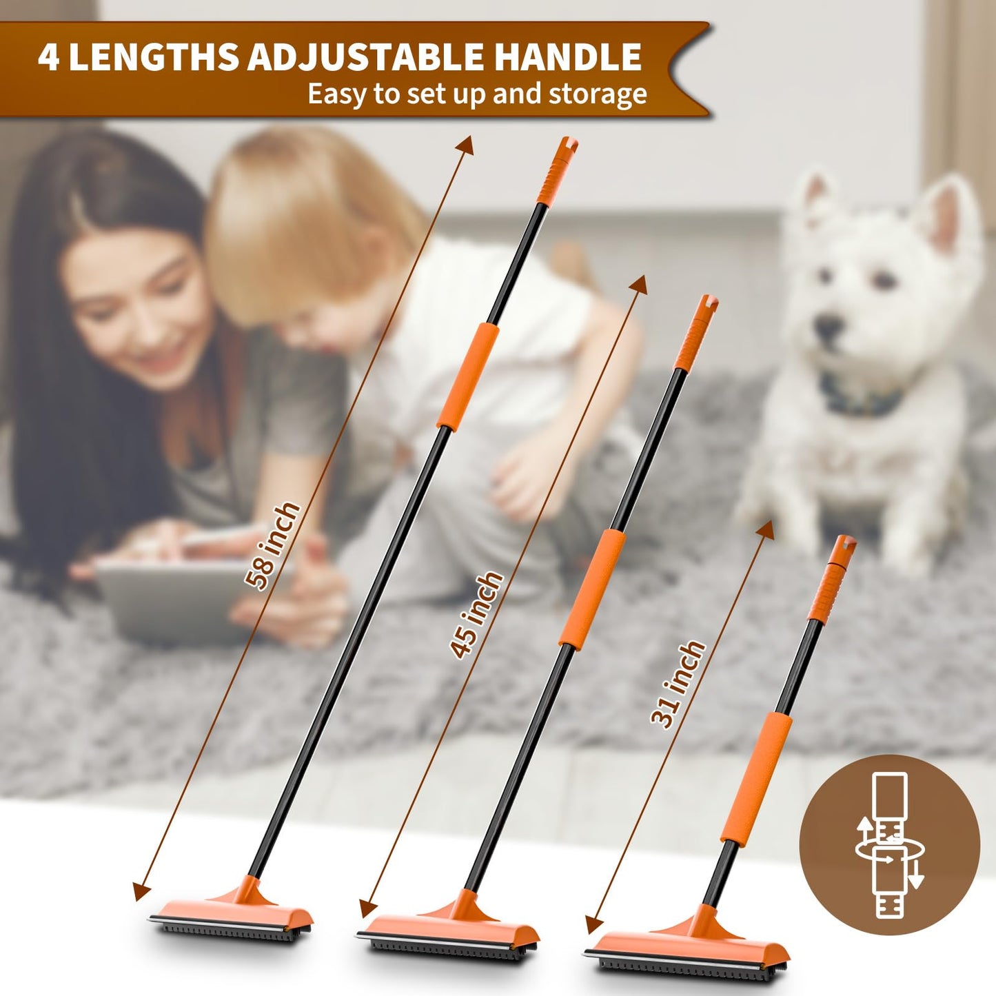 3 in 1 Carpet rake Kit for Pet Hair Removal Tool - Reusable Pet Hair Remover broom w 58"Adjustable Long Handle, Dog & Cat Carpet Scraper, Pet Hair Remover for Rugs, Mats, Couch, Curtains(Orange)