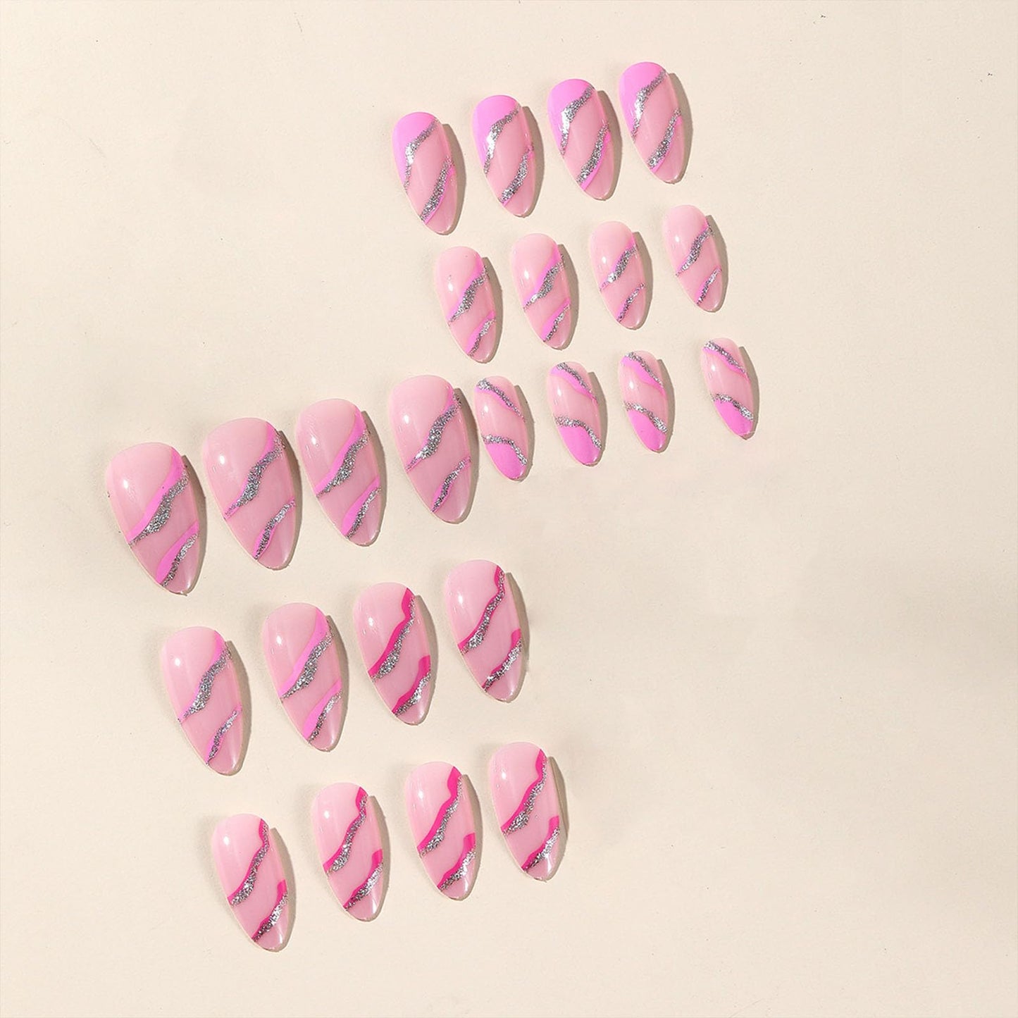 Almond Press on Nails Medium Fake Nails Pink False Nails with Design Silver Glitter Swirl Wave Acrylic Glue on Nails Glossy Artificial Stick on Nails for Women Girls Manicure Decoration 24Pcs
