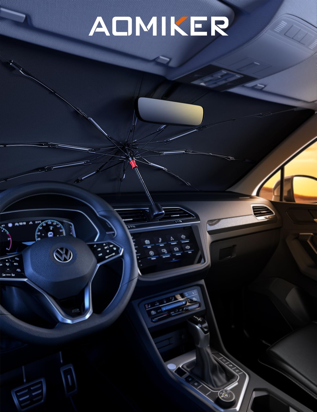 Aomiker Car Windshield Sun Shade Umbrella - [10 Fiberglass Ribs] Foldable Front Windshield Cover, Heat Insulation Protection, 5 Layers UV Block Coating, Wind Cover for SUV Auto Sedan (57"x32")