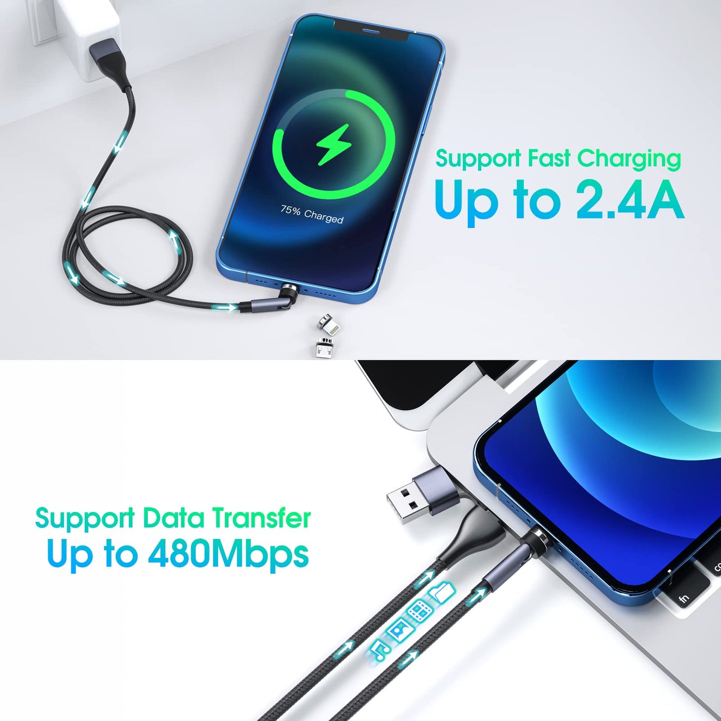 Ankndo 5-in-1 Magnetic Charging Cable, 540° Rotation Magnetic Phone Charger [4-Pack, 3ft/3ft/6ft/10ft] USB A/Type C Fast Charging Cable for iPhone/Micro USB/USB C Devices