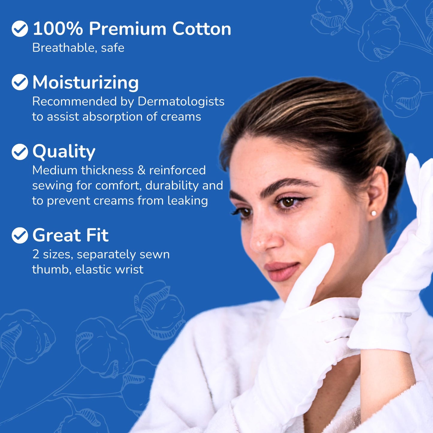 Dermrelief Cotton Gloves - for Beauty, Dry Hands, Eczema, Dermatitis and Psoriasis (7 Pairs) with Free Gifts (Professional Nail Buffer & Washing Bag) (Large)