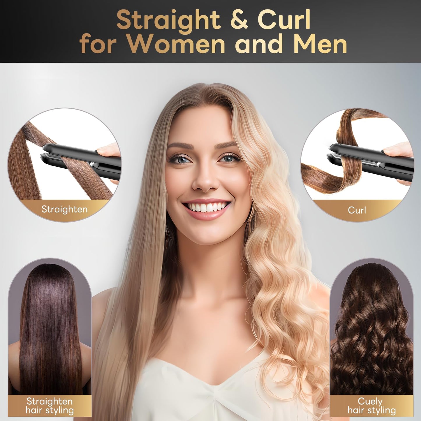 Cordless Hair Straightener and Curler 2 in 1 Ceramic Flat Iron Mini Cordless Portable Travel Hot Tools Straight Curl for Women Men USB Rechargeable with Pouch (Black)