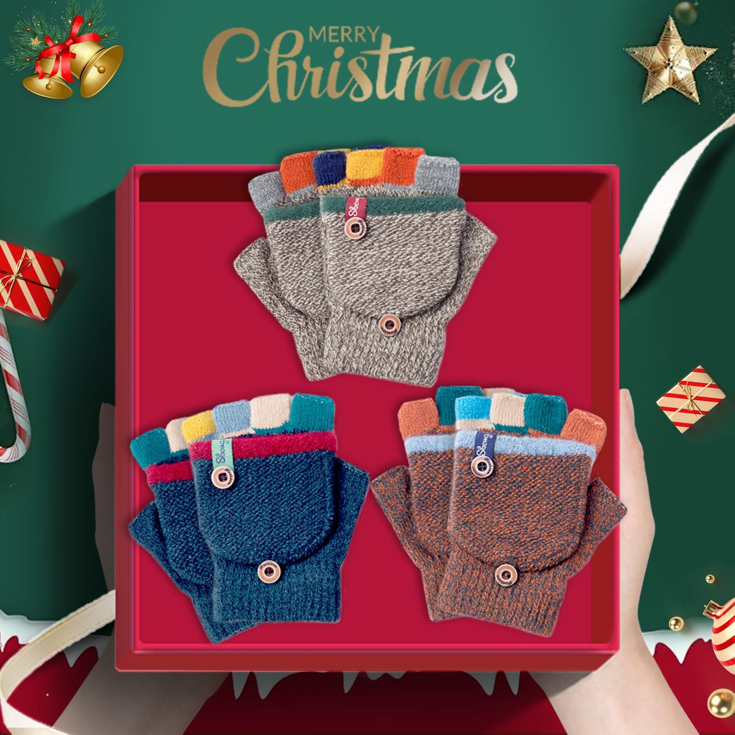 Kids Winter Gloves, Warm Knitted Convertible Fingerless Gloves for Baby Boy Girl with Mittens Cover Cap