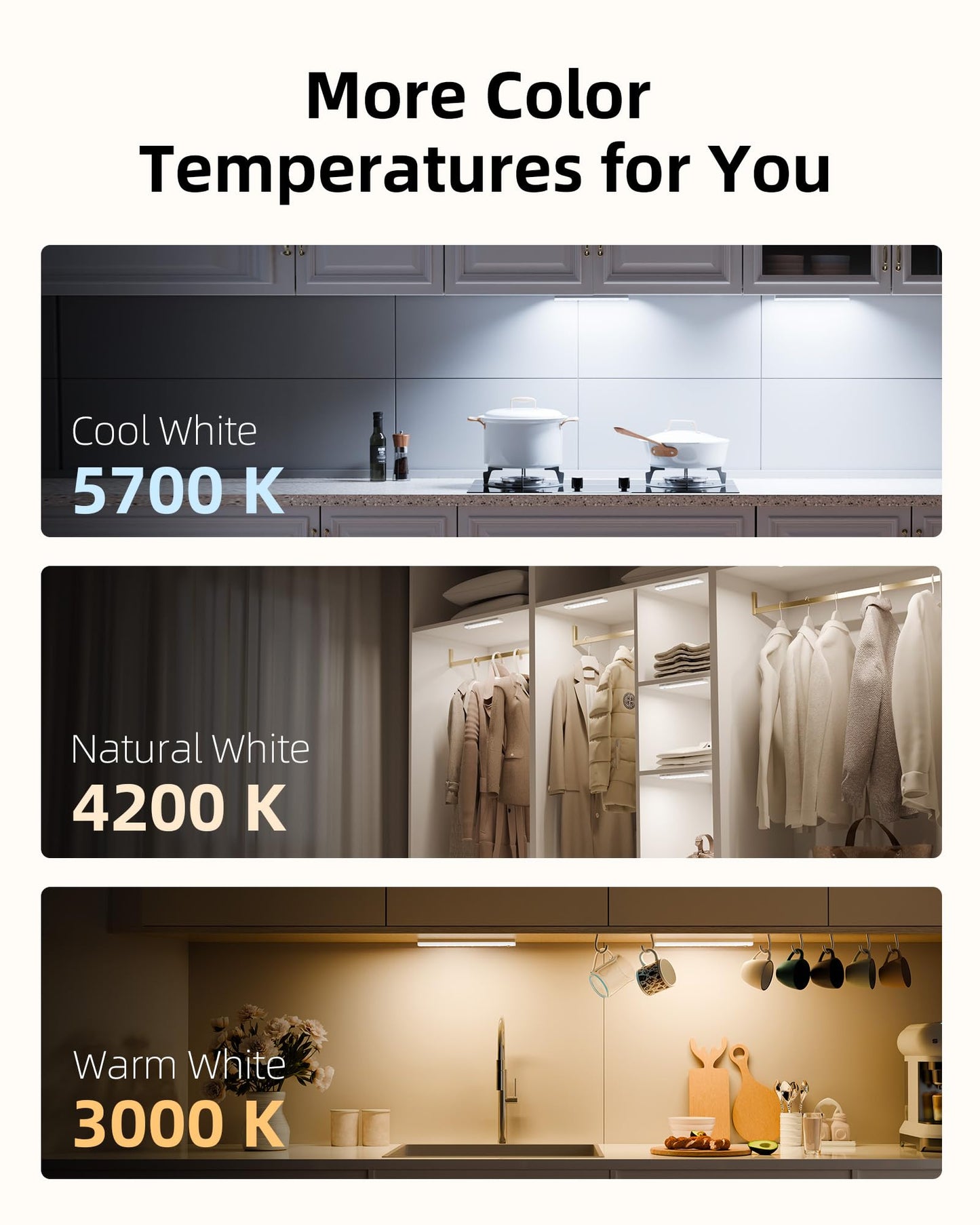 EZVALO 62 LEDs Under Cabinet Lighting, 2000mAh LED Closet Lights with Remote 3 Color Temps, Rechargeable Motion Sensor Lights Indoor Battery Operated, Wireless Under Counter Lights for Kitchen 3 Pack