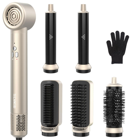 Hair Dryer Brush TECHMERI 6 in 1 Blow Dryer Brush Ions, Detachable Hair Styler Tools, Auto Wrap Curler, Hot Air Brush for Drying, Straightening and Volumizing, High Speed