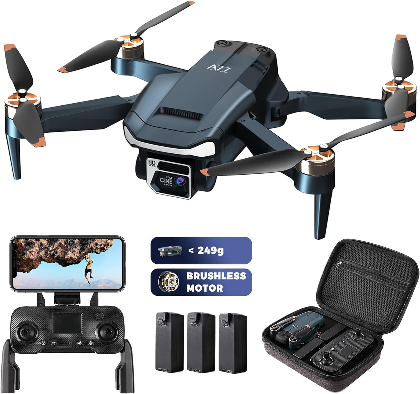 Super Enduring Brushless Motor Drone with 84 Mins Super Long Flight Time, Drone with 2K HD Camera for Beginners, CHUBORY A77 WiFi FPV Quadcopter, Follow Me, Auto Hover, 3 Batteries, Carrying Case