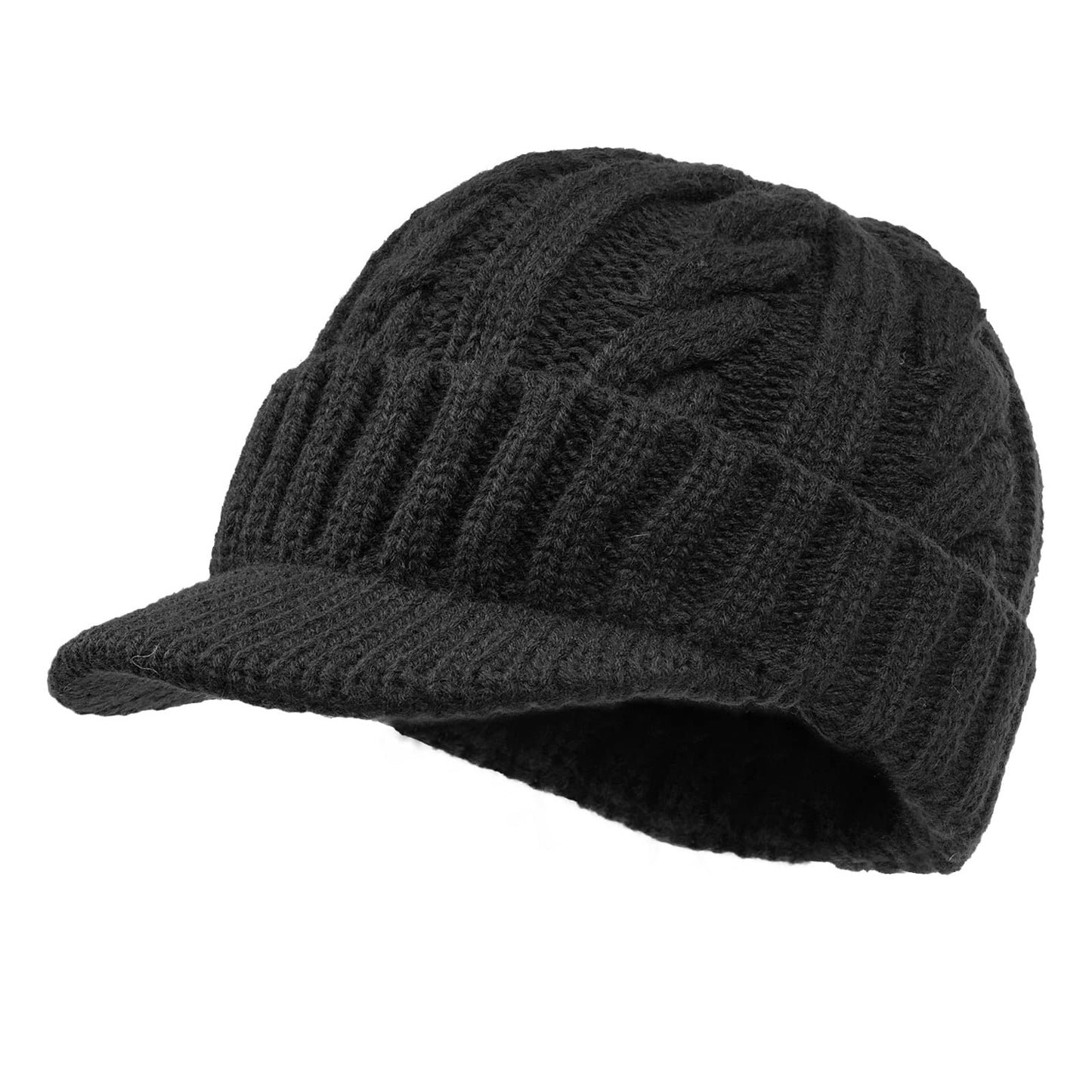 Croogo Winter Beanie with Visor Warm Oversized Chunky Soft Ribbed Slouchy Knit Hat Short Brim Newsboy Hats,Black-NB03