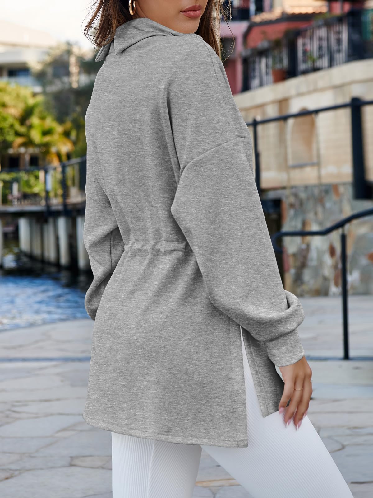 Doshoop Women's Turtleneck Sweatshirts Long Sleeve Pullover Tops Side Slit Tunic Shirts with Drawstring Waist Grey