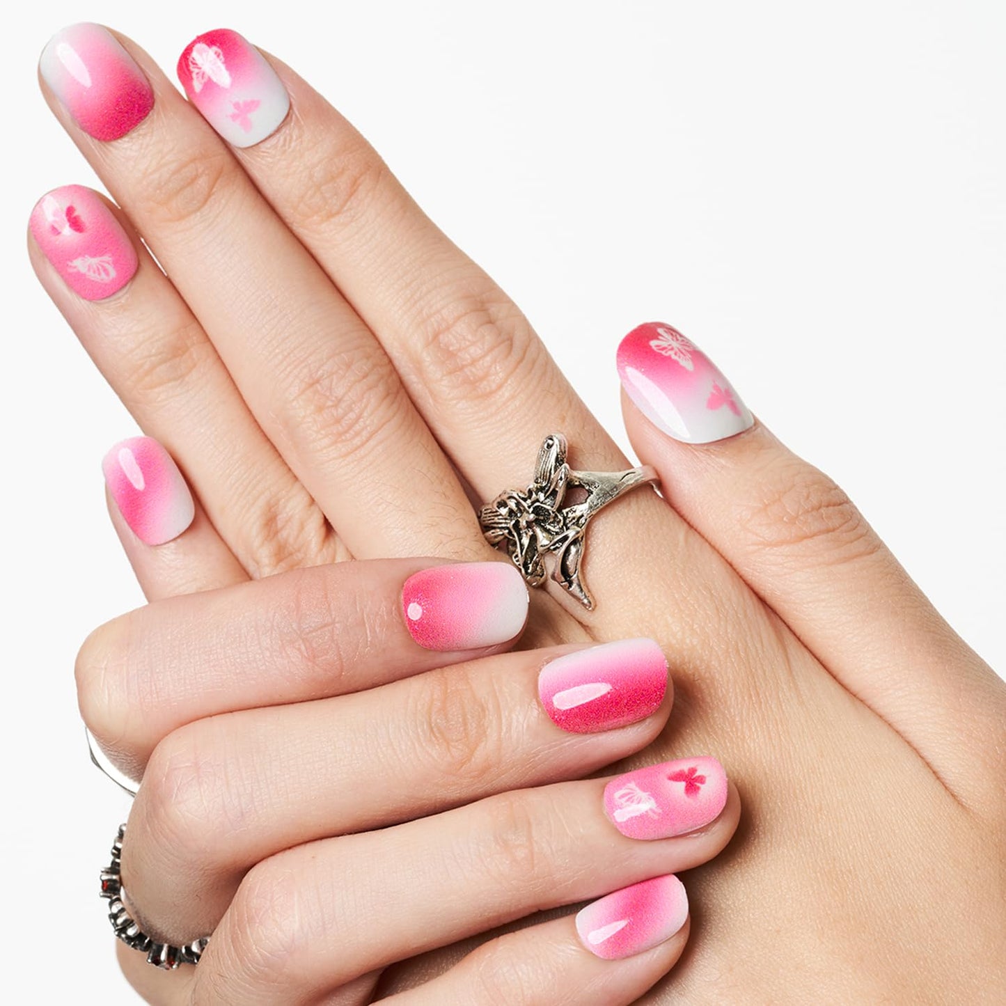 GLAMERMAID Hot Pink Ombre Extra Short Press on Nails, Y2K Butterfly Fake Nails Short Squoval, Natural Round Square Glue on Nails Glossy Gel, Acrylic False Nails Manicure Kits for Women, Reusable Nails