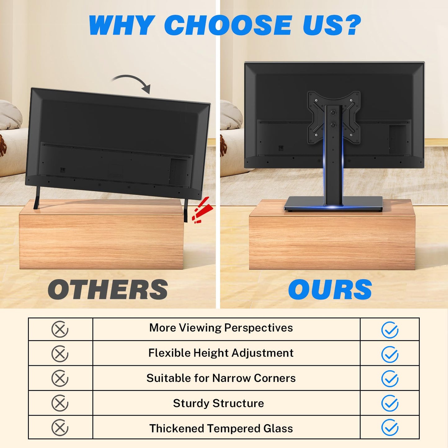 Rfiver Universal Swivel Tabletop TV Stand for Flat Screens 23 24 26 32 39 40 42 43 Inch, Heavy Duty Center Pedestal Stand Replacement with Black Tempered Glass Base and Height Adjustable Mount