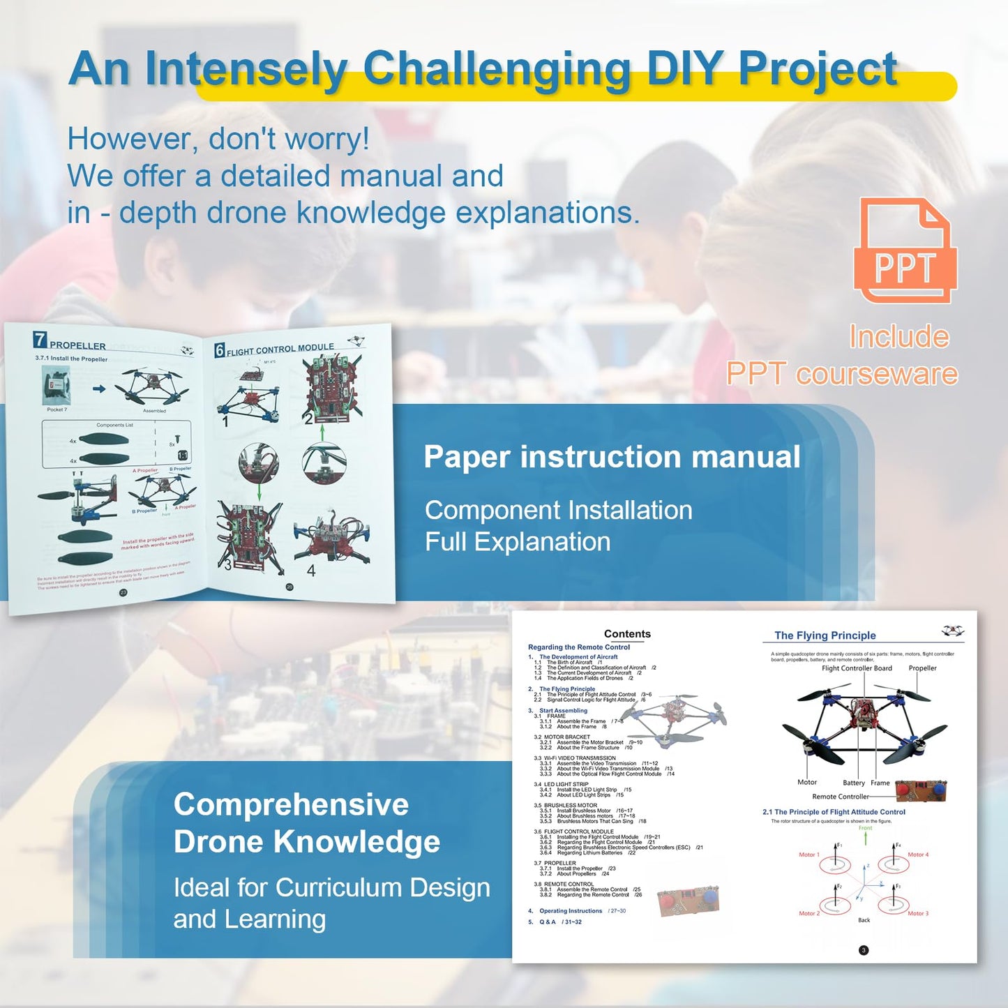 Quadrotor Drone DIY Kit: A Unique STEM Project with Brushless Motor, Optical Flow Hovering, One-Click Takeoff and Landing, and 360° Flip for DIY Enthusiasts to Learn Drone Basics