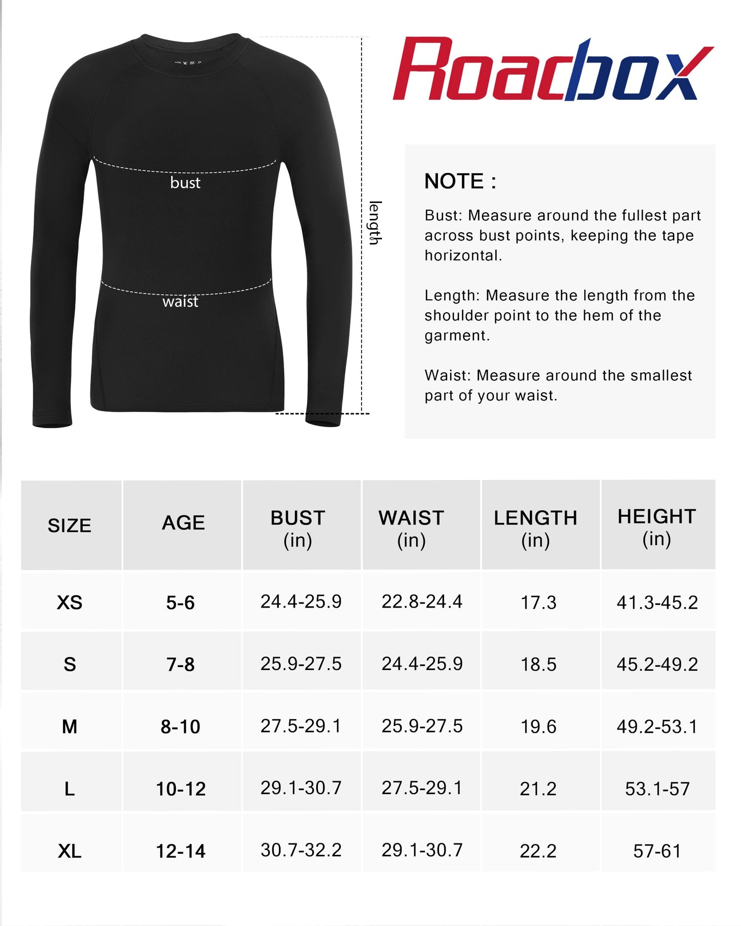 Roadbox Youth Boys Thermal Compression Shirt - Athletic Long Sleeve Fleece Undershirts for Kids Football Baseball Soccer Baselayer Black