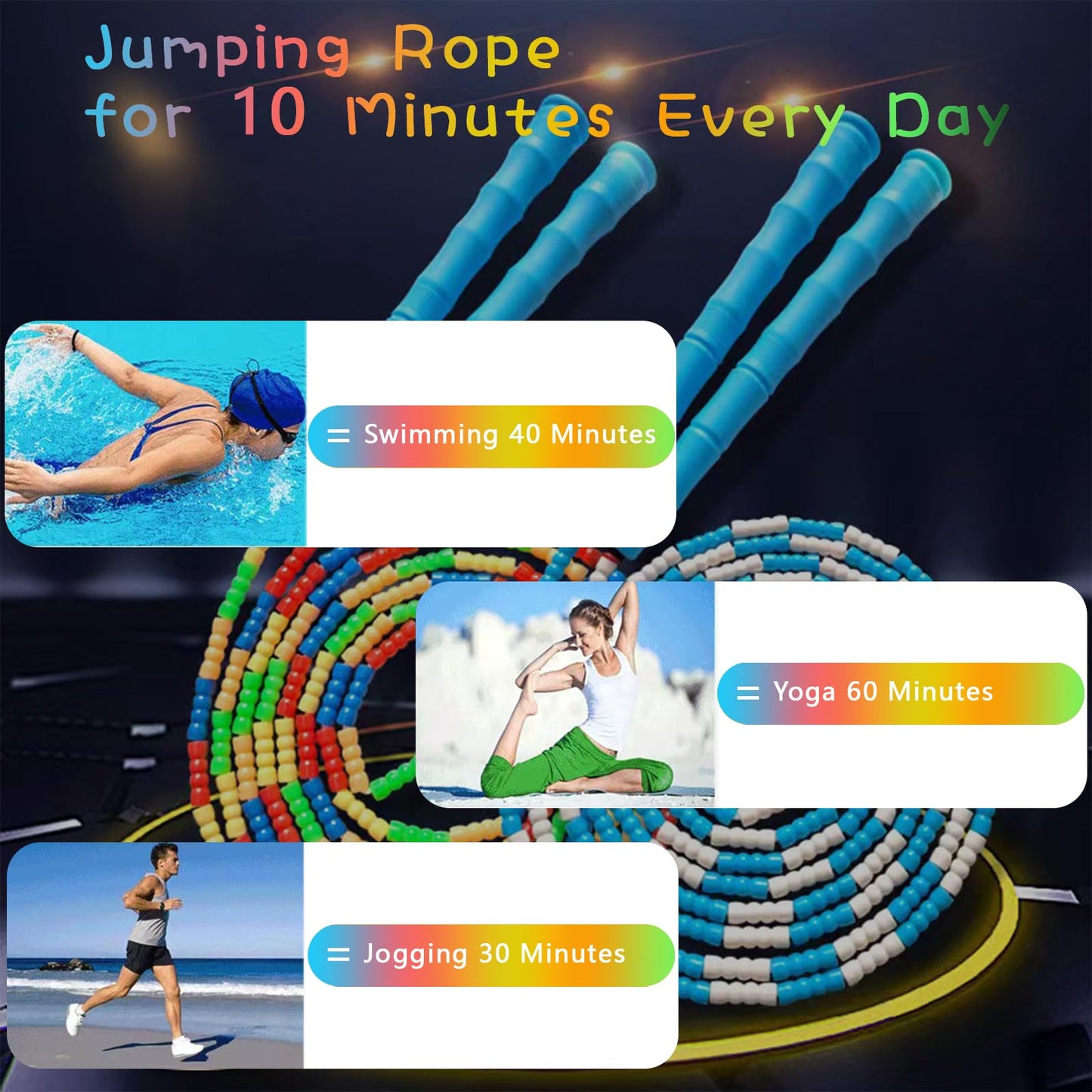 TYSISKNO Rainbow Soft Beaded Jump Ropes for Kids, Jump Rope for Kids Girls and Boys,Adjustable Skipping Rope, Tangle-Free Segmented Rope for Kid and Women Men Adults Exercise, Keeping Fit, Training -