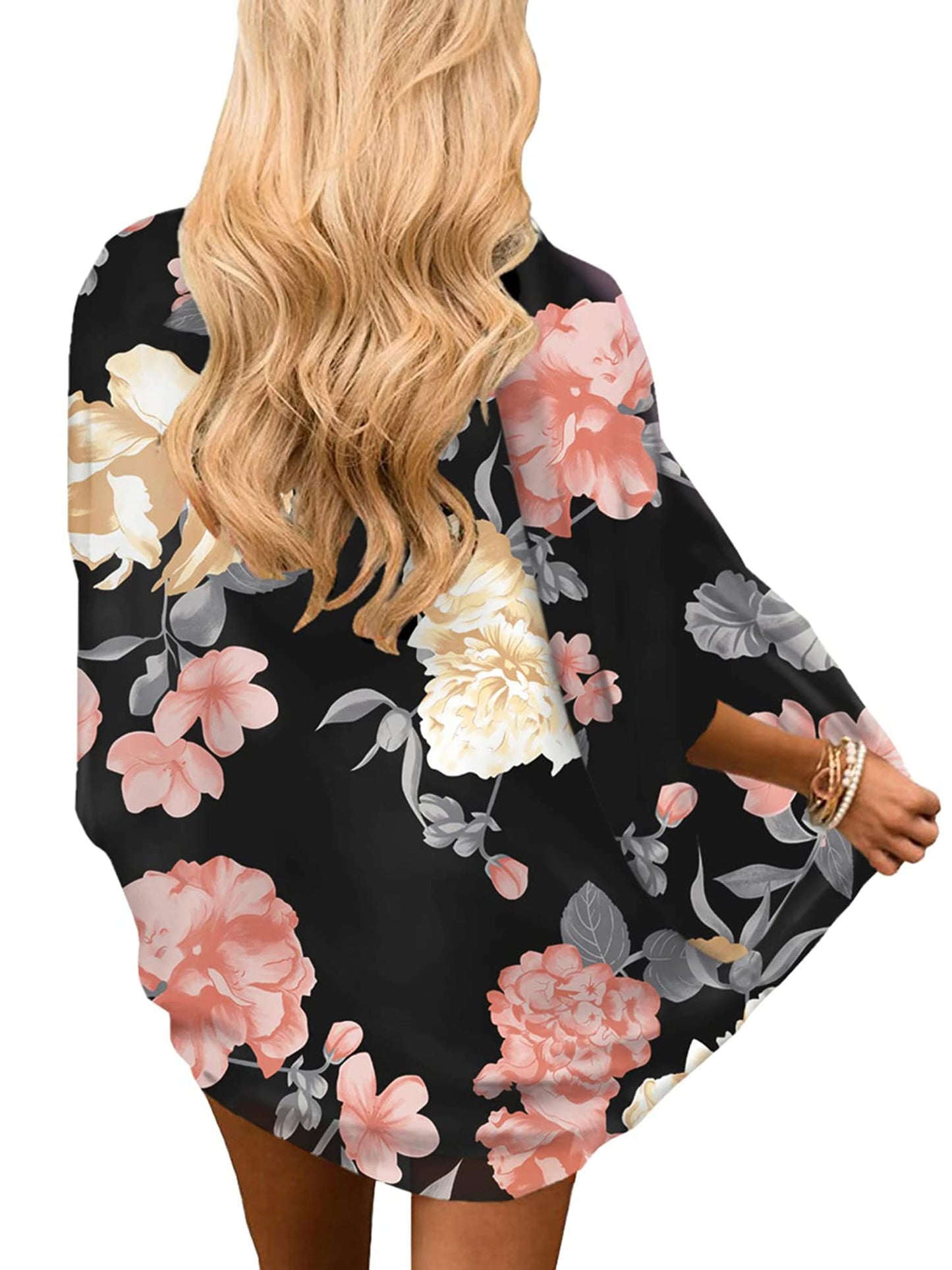Chunoy Women Casual Summer Floral Print Short Sleeve Chiffon Sheer Kimono Cardigan Open Front Beach Wear Cover Up Black Small