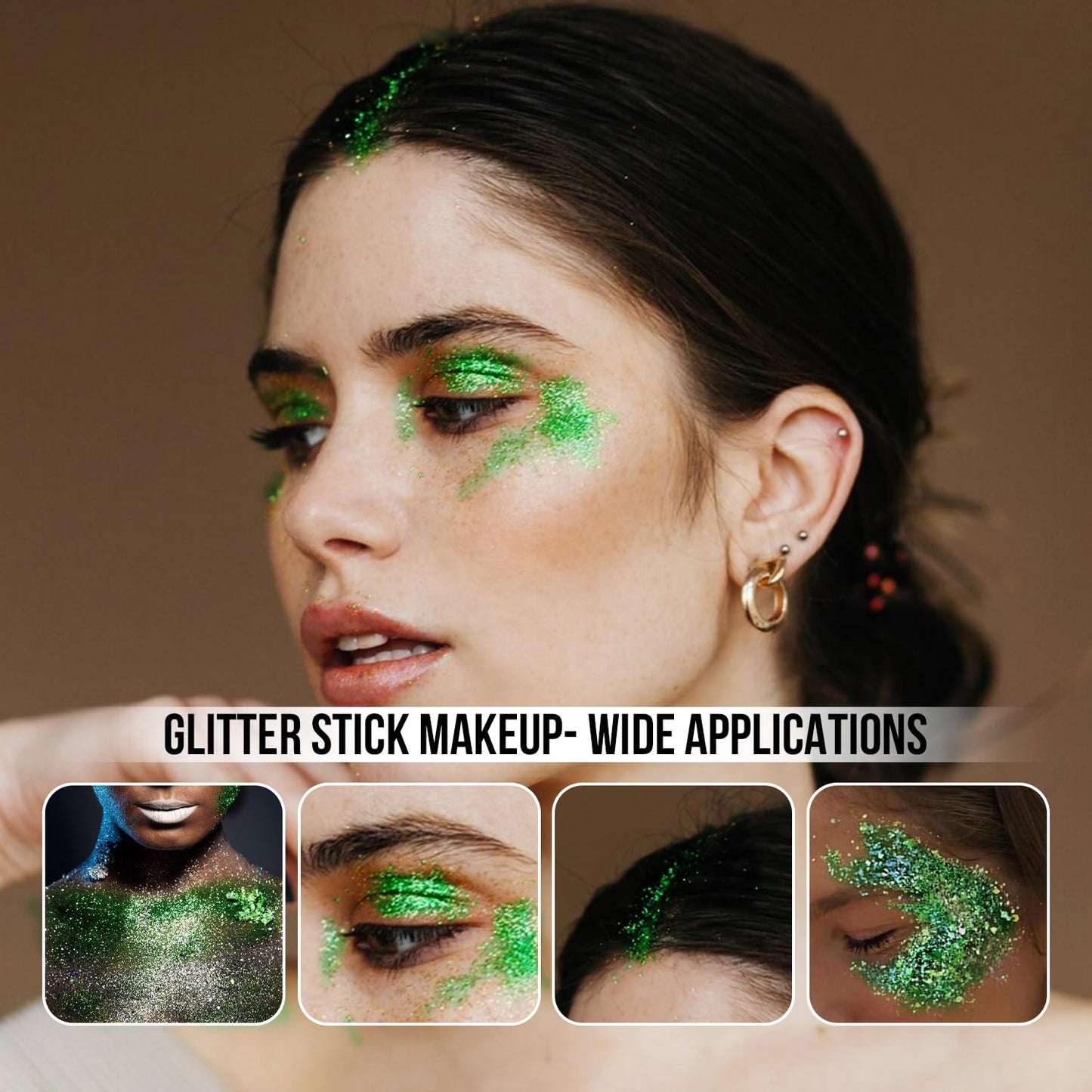 Brzeaf Waterproof Green Body Glitter Stick, Chunky Glitter for Face/Body/Hair/Eyes/Lip, Singer Concert Music Rave Festival, Glitter Stick Makeup & Face Glitter Gel for Women Men 0.56 OZ