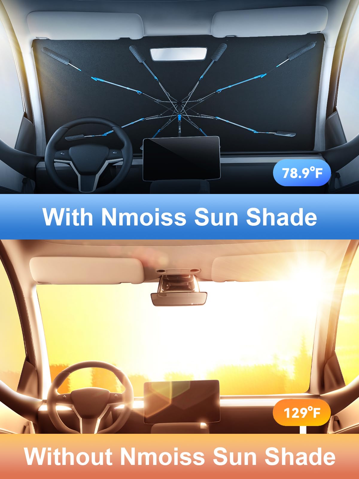 [2025 Upgraded] Nmoiss Windshield Sun Shade Umbrella [Ice Rib High Speed Cooling] 99% UV Blocking Protects Car from Sun and Heat Damage, Keeps Cool and Protects Interior Medium (56" L x 31" W)