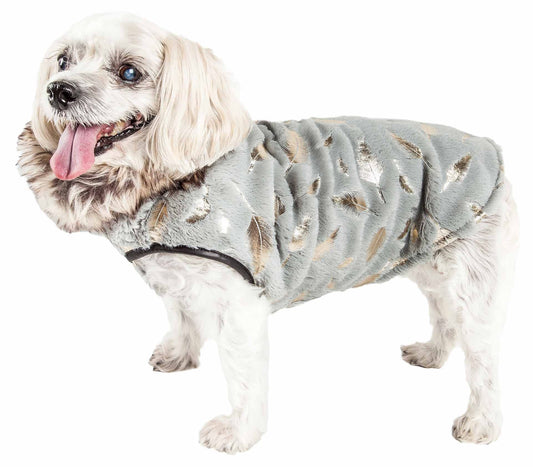 Pet Life ® Luxe 'Gold-Wagger' Gold-Leaf Patterned Mink Fur Dog Coat - Dog Jacket with Hook-and-Loop Belly enclosures - Winter Dog Coats for Small Medium Large Dog Clothes